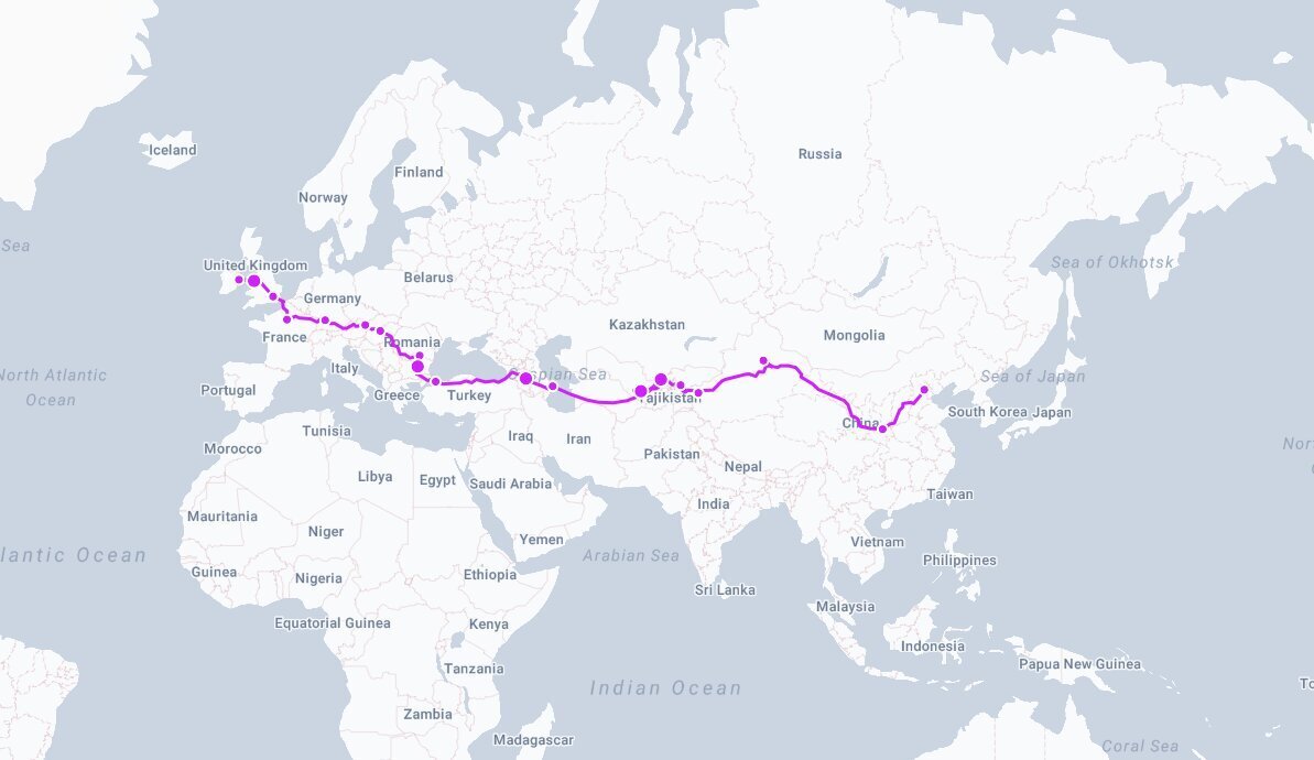 A world map showing the itinerary