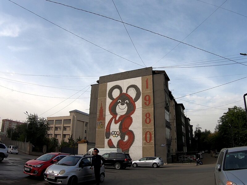 Reminders of the Soviet past were everywhere. Mishka the bear from 1980 Moscow Olympics.